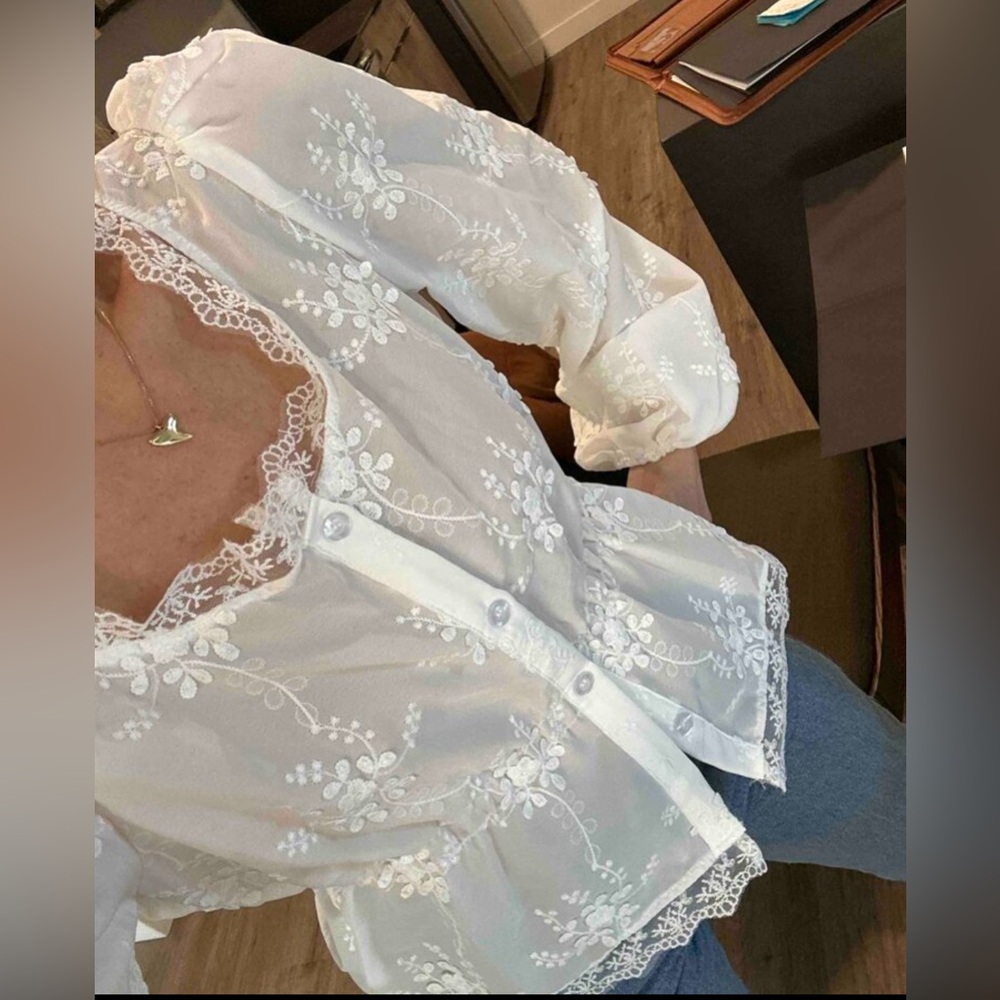 Boho White Semi Sheer Lace Button Down Embroidered Floral Top - Picture 8 of 9